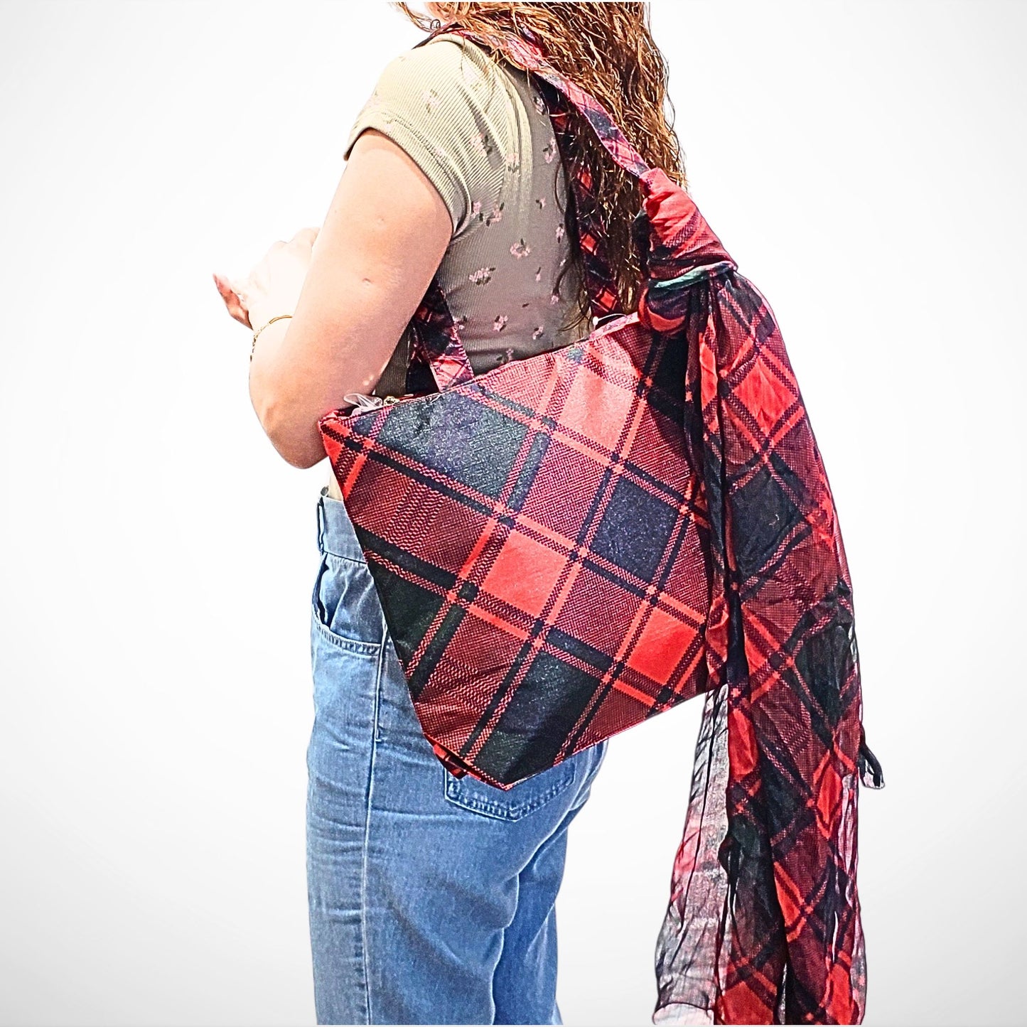 Classic Red Tartan Tote with Scarf