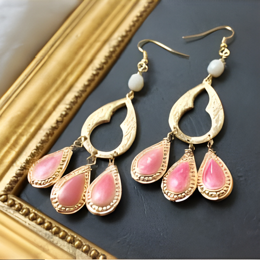 Arabian-inspired statement earrings with hand-painted cloisonné beads & 14K gold-plated pewter. Bold, elegant, approx. 3 inches long from InStyle Fashion HK.