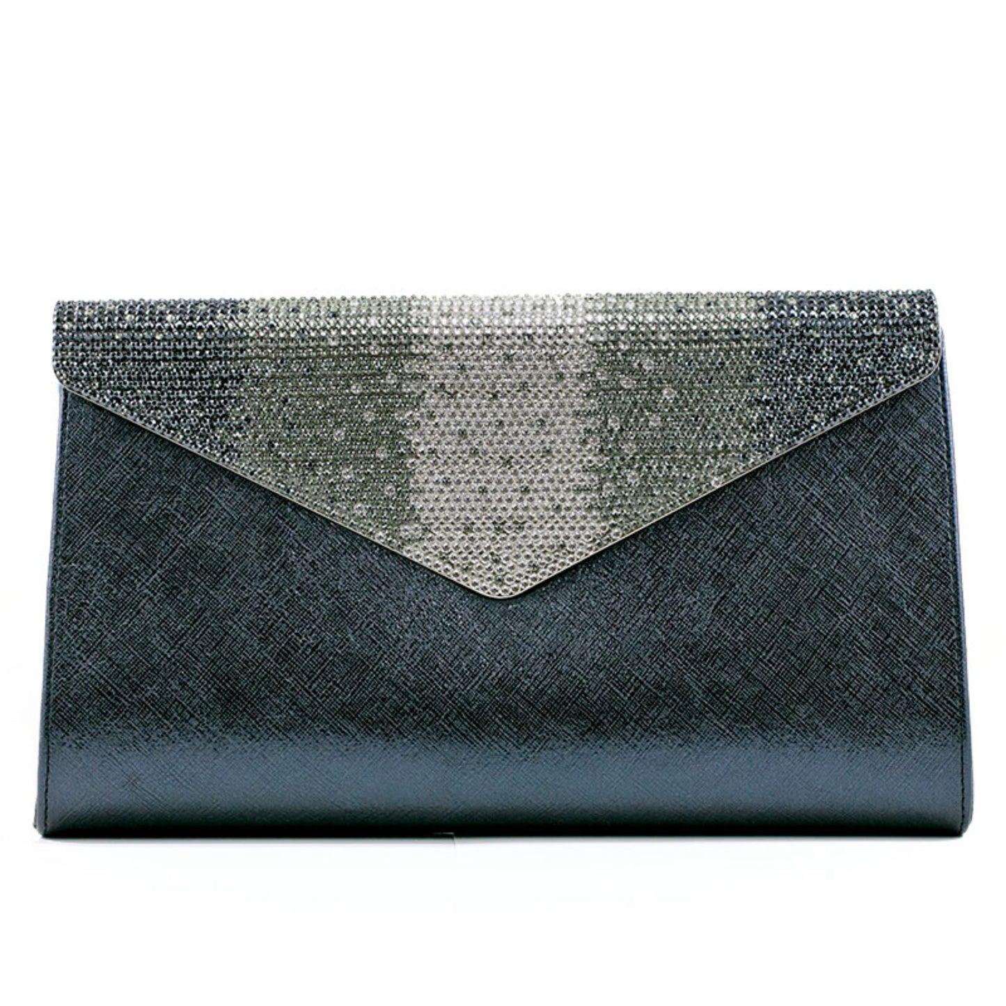 Leather Envelope Clutch with Swarovski crystal on the metal flap in black to silver gradation design.