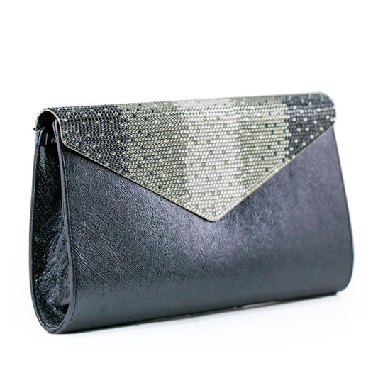 Leather Envelope Clutch with Swarovski crystal on the metal flap in black to silver gradation design.