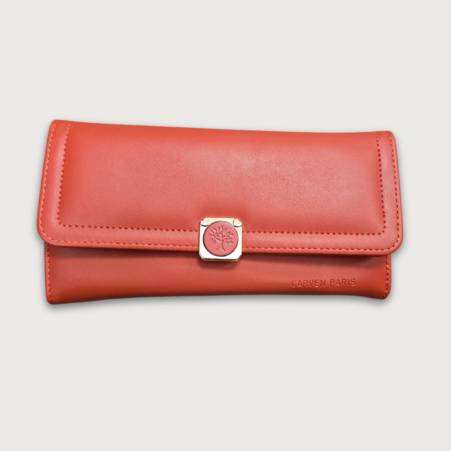 A red faux leather trifold wallet with a main compartment and multiple card slots, featuring a round emboss design on the clasp and gold hardware.