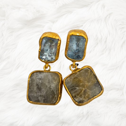The Double Drop Earrings in Grey & Blue Quartz