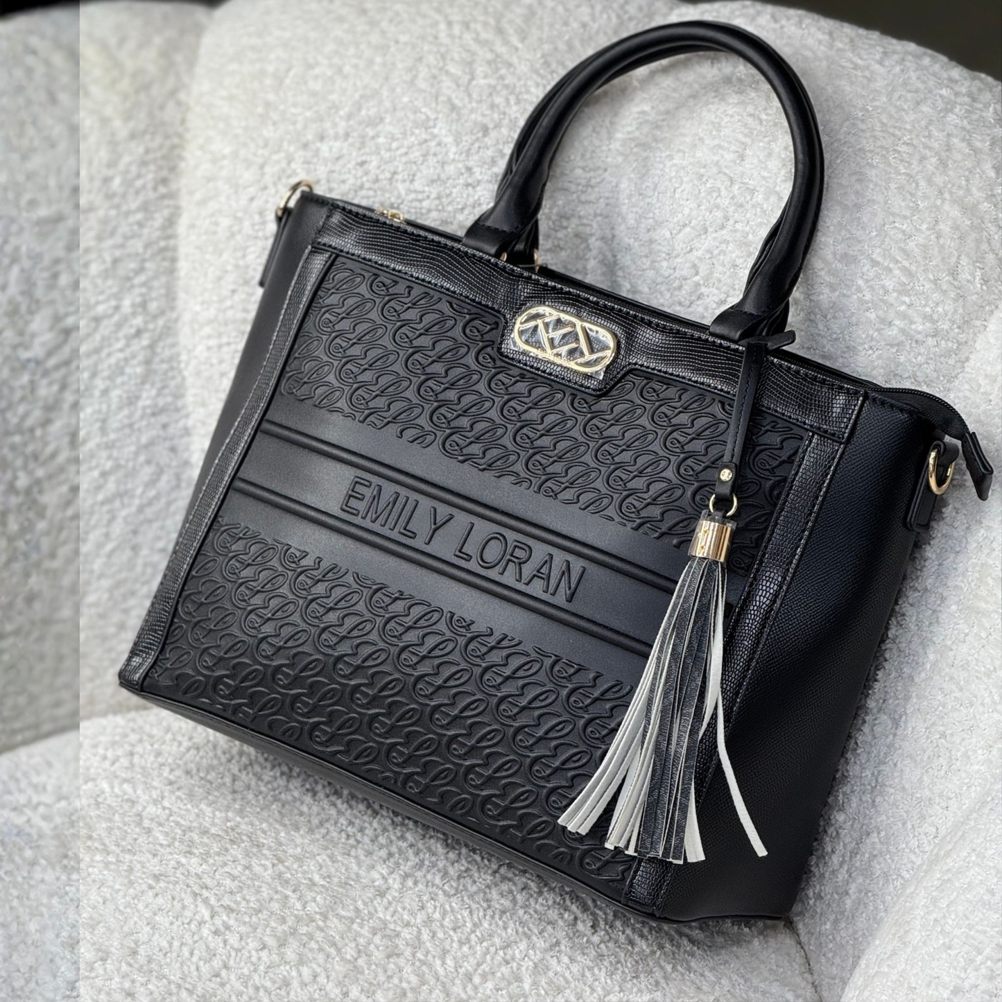 Black Embossed Satchel Tote