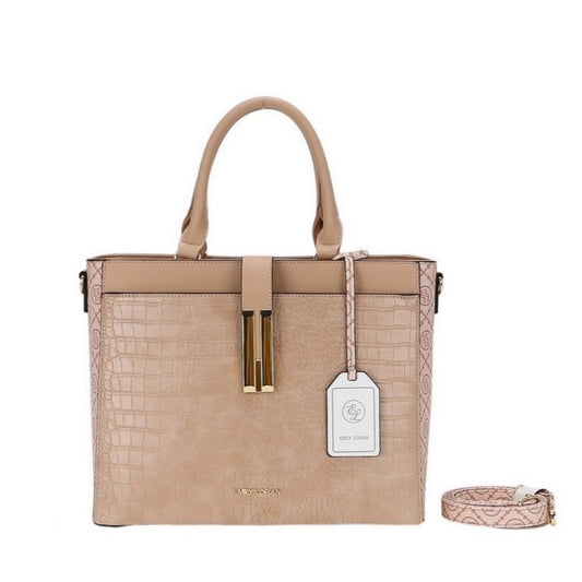 Beige Textured Top Handle Satchel