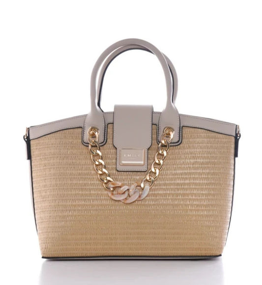 Raffia Top Handle Satchel with Chain