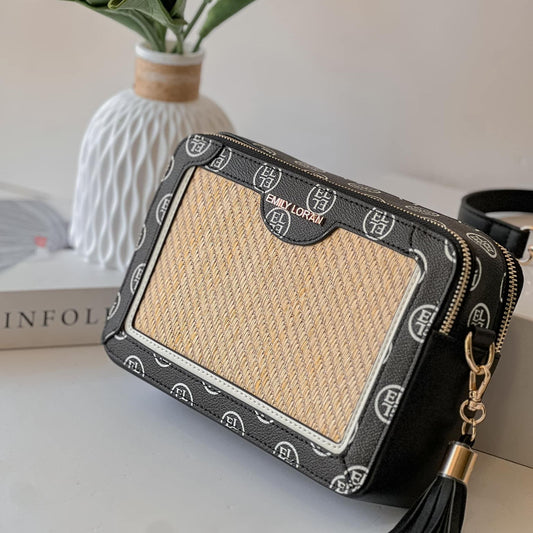 Black Monogram Trim Raffia Camera Crossbody Bag