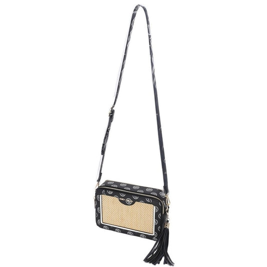 Black Monogram Trim Raffia Camera Crossbody Bag