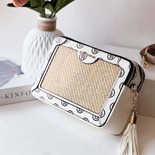 White Monogram Trim Raffia Camera Crossbody Bag