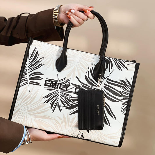 Black Printed Satchel Tote with Pouch (Large)