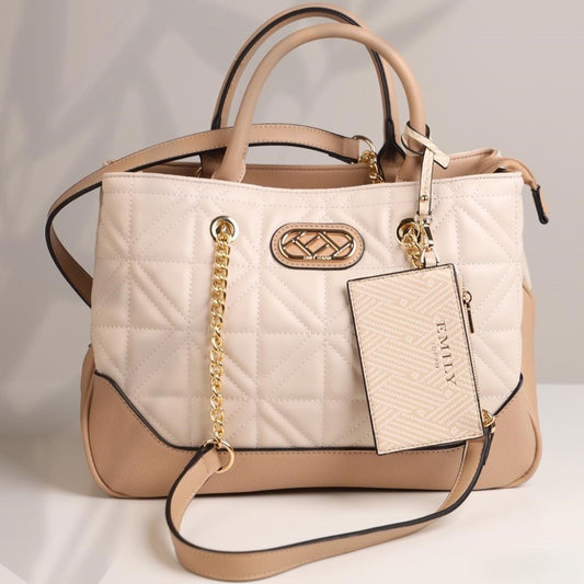 Beige Quilted Satchel Tote