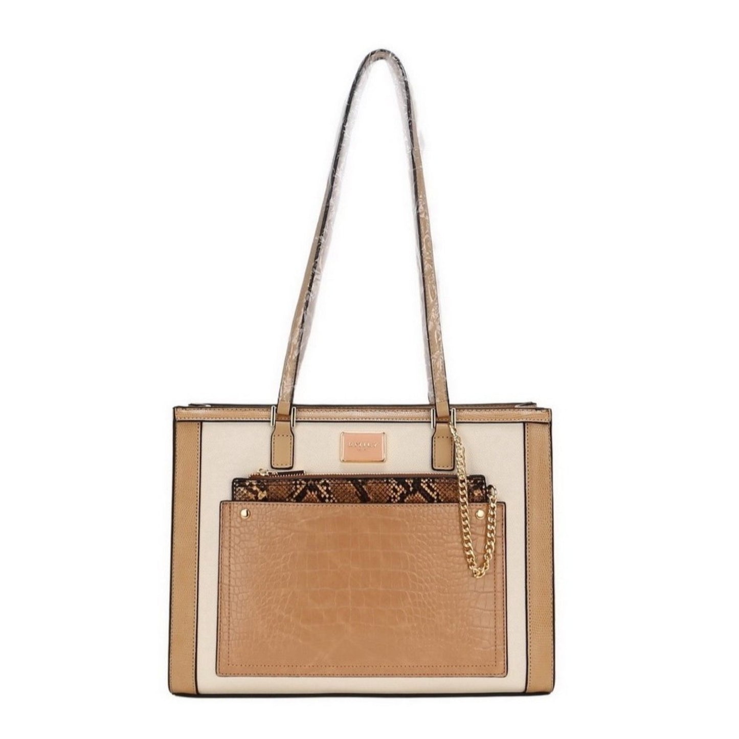 Tan Satchel Tote Bag with Front Pocket & Pouch