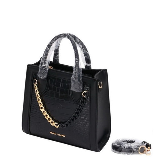 Black Croc Effect Tote with Chain