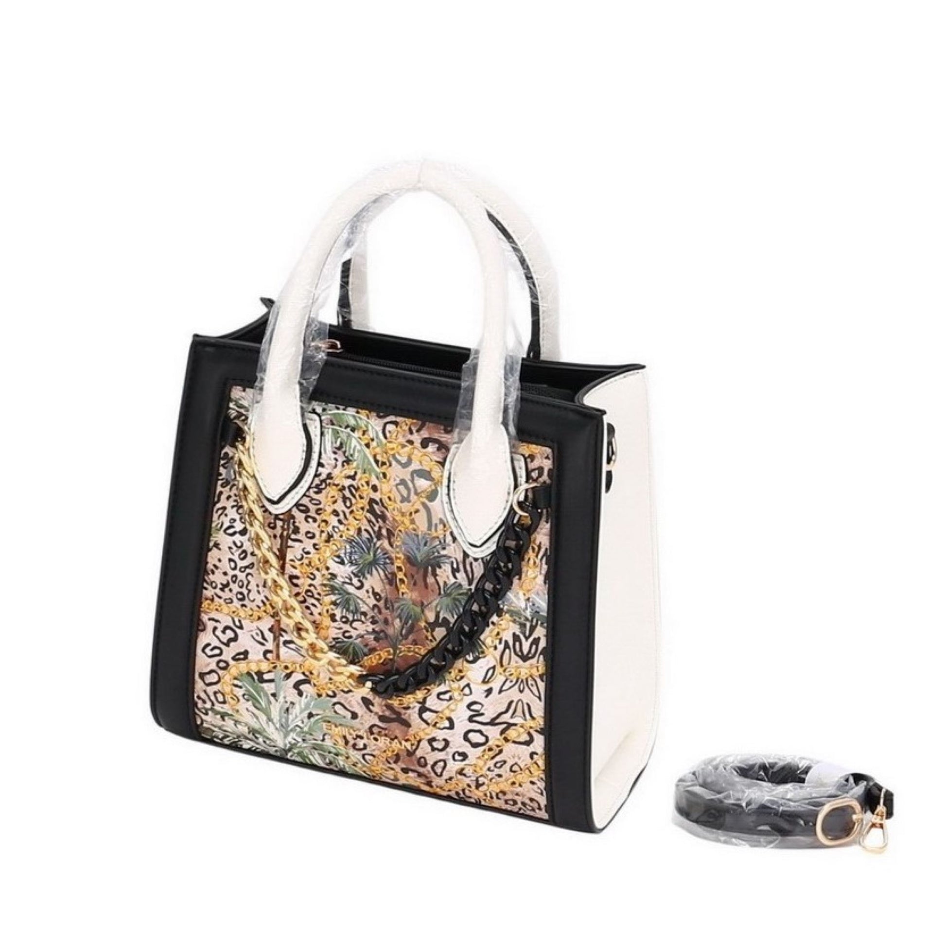 Handbag with leopard print design and a chunky chain embellishment on a white background