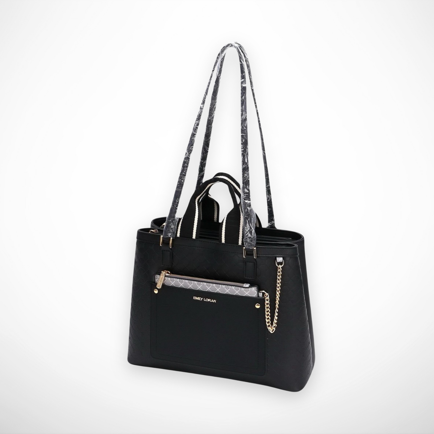Black handbag with a chain detail on a white background