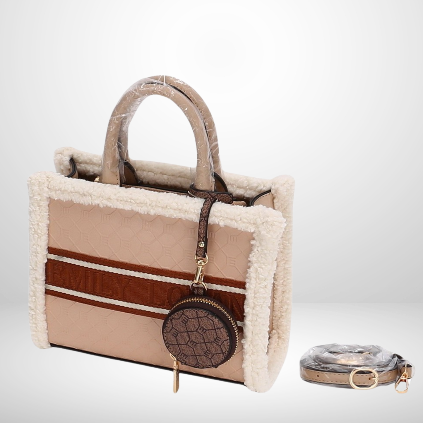 Faux-shearling trim tote with geometric design & coin purse. Stylish spacious winter handbag, perfect holiday gift & fashion accessory from InStyle Fashion HK.