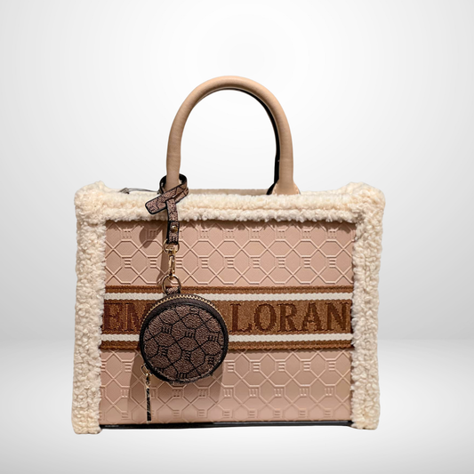 Faux-shearling trim tote with geometric design & coin purse. Stylish spacious winter handbag, perfect holiday gift & fashion accessory from InStyle Fashion HK.