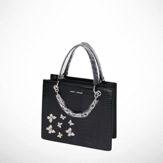 Black Butterfly Charm Satchel Bag with Chain