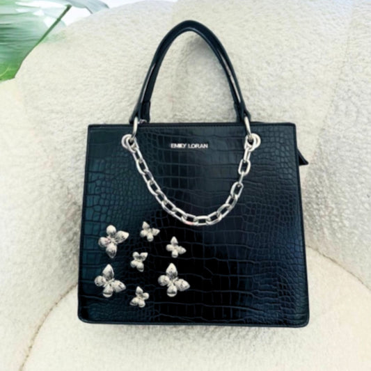 Black Butterfly Charm Satchel Bag with Chain