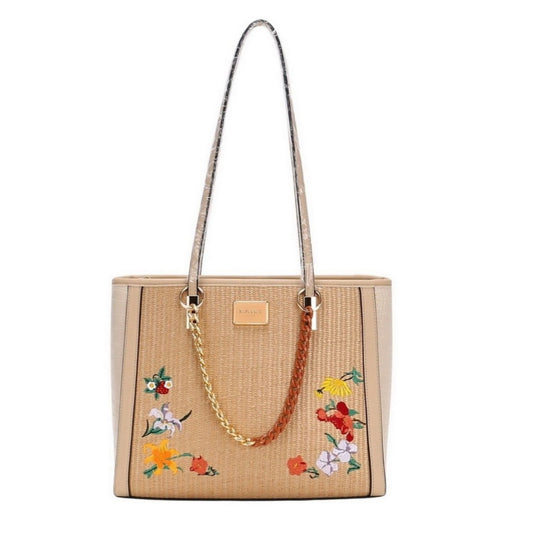 Tan Raffia Embroidered Shoulder Tote Bag