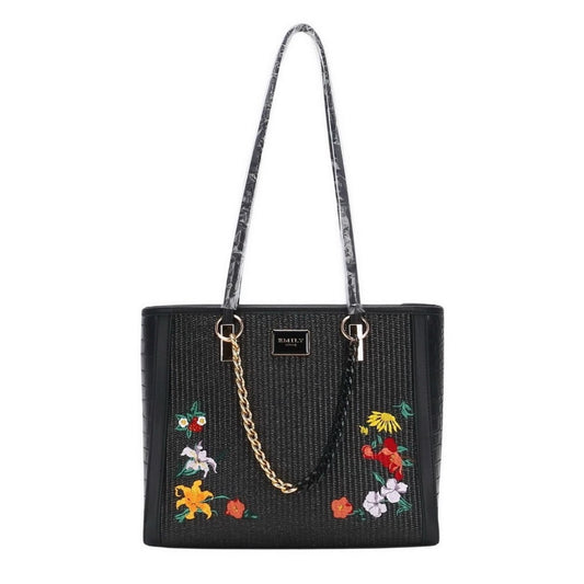 Black Raffia Embroidered Shoulder Tote Bag