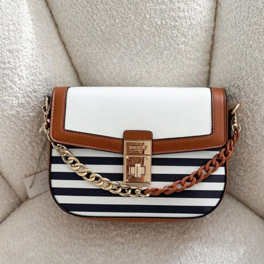 Stripe Print Crossbody Bag with Chain Accent