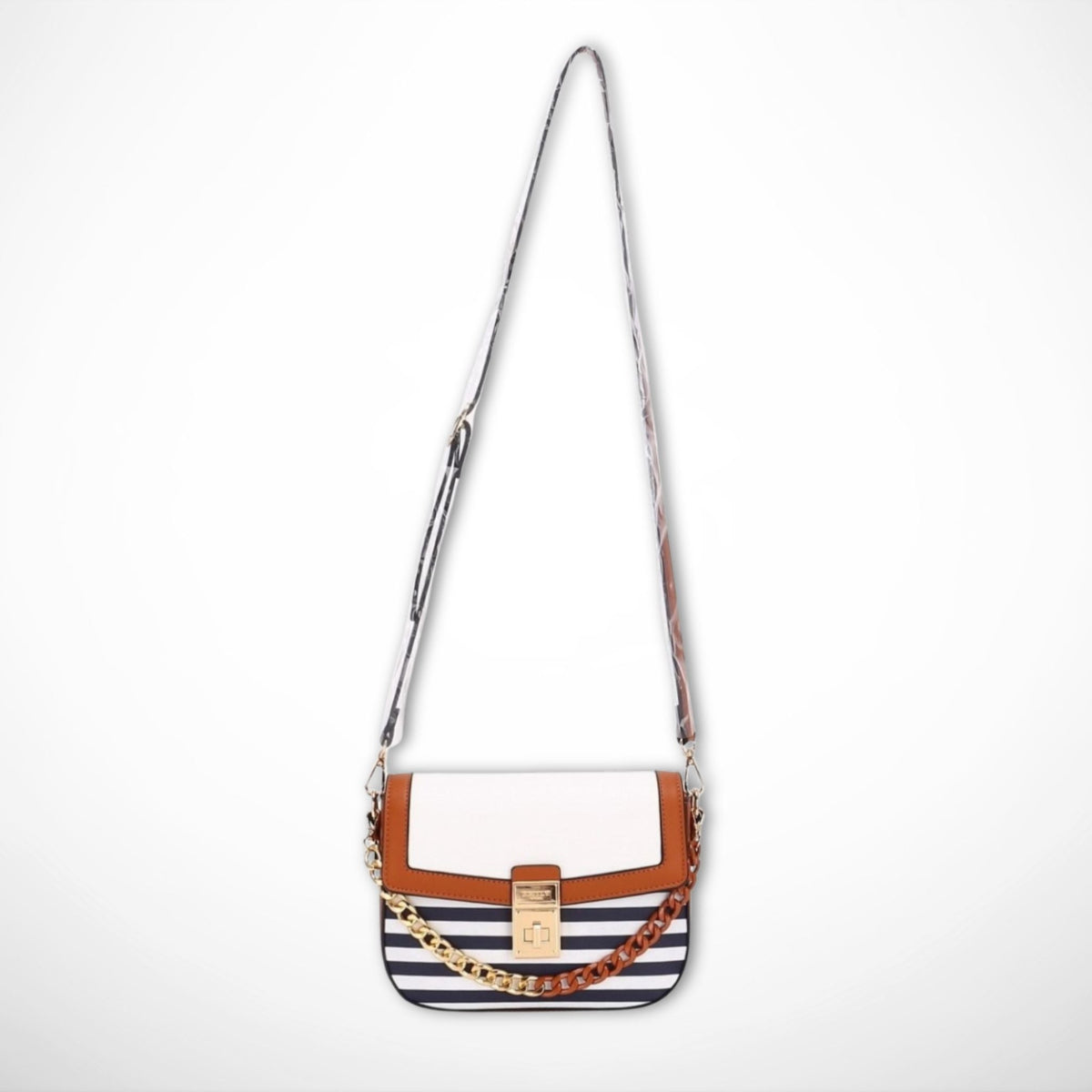 Striped handbag with a chain detail on a white background