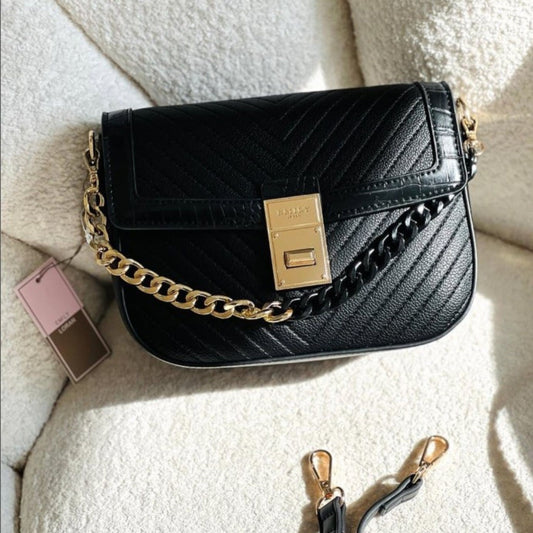 Black Quilted Crossbody Bag with Chain Accent
