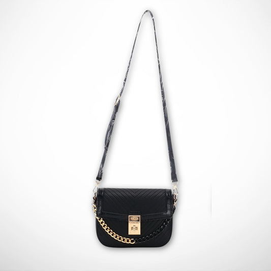 Black Quilted Crossbody Bag with Chain Accent