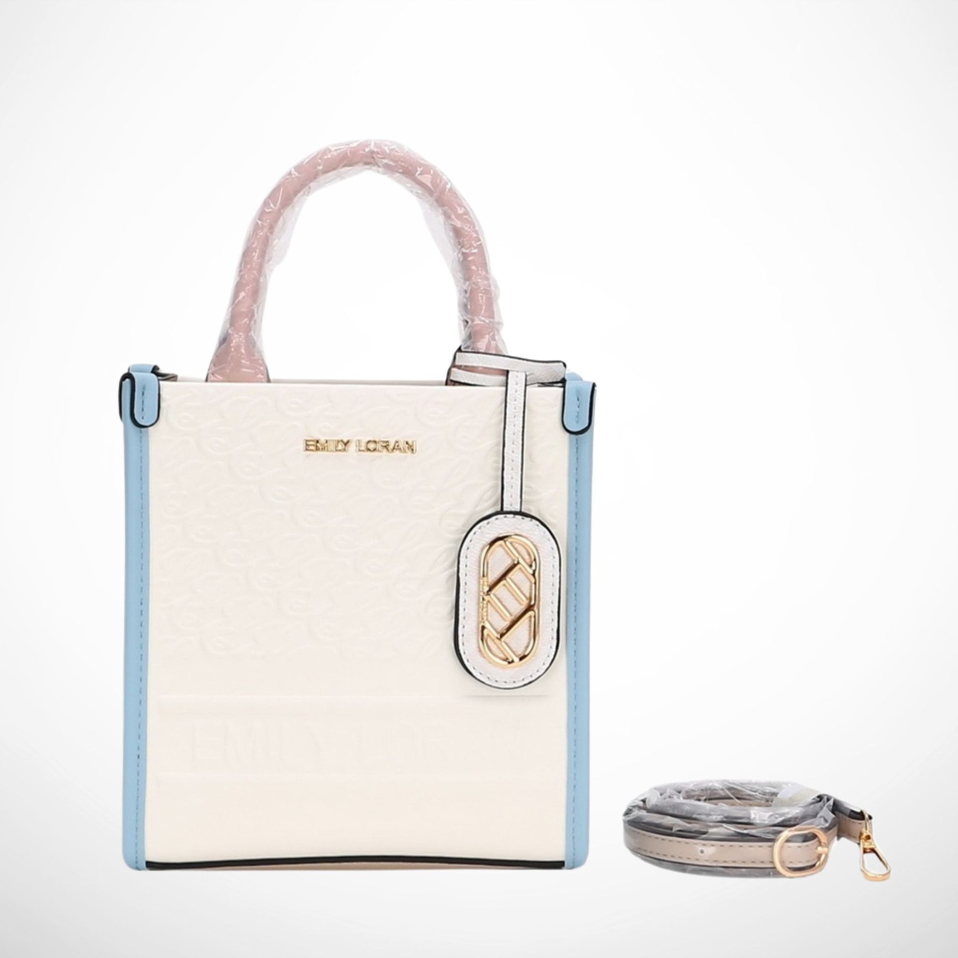 Handbag with pink handle and blue accents on a white background