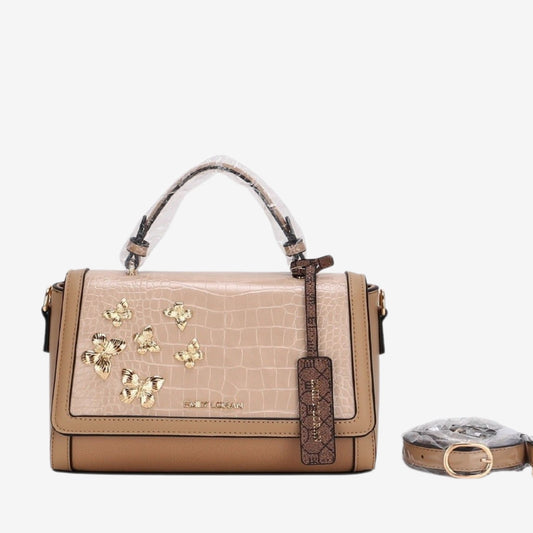 Beige Butterfly Charm Satchel Bag with Long Strap
