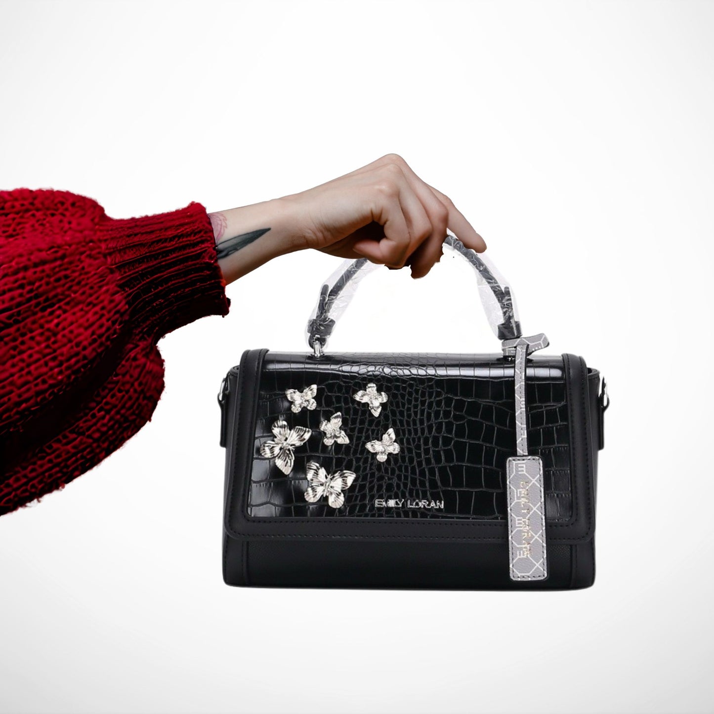 Black Butterfly Charm Satchel Bag with Long Strap