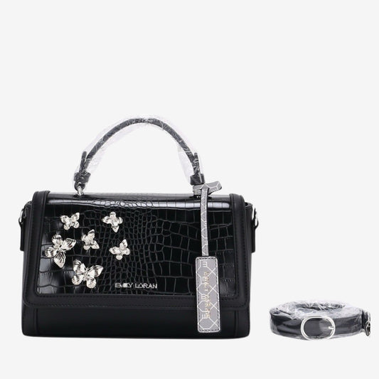 Black Butterfly Charm Satchel Bag with Long Strap