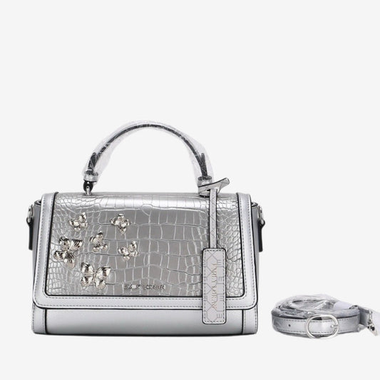 Silver Butterfly Charm Satchel Bag with Long Strap