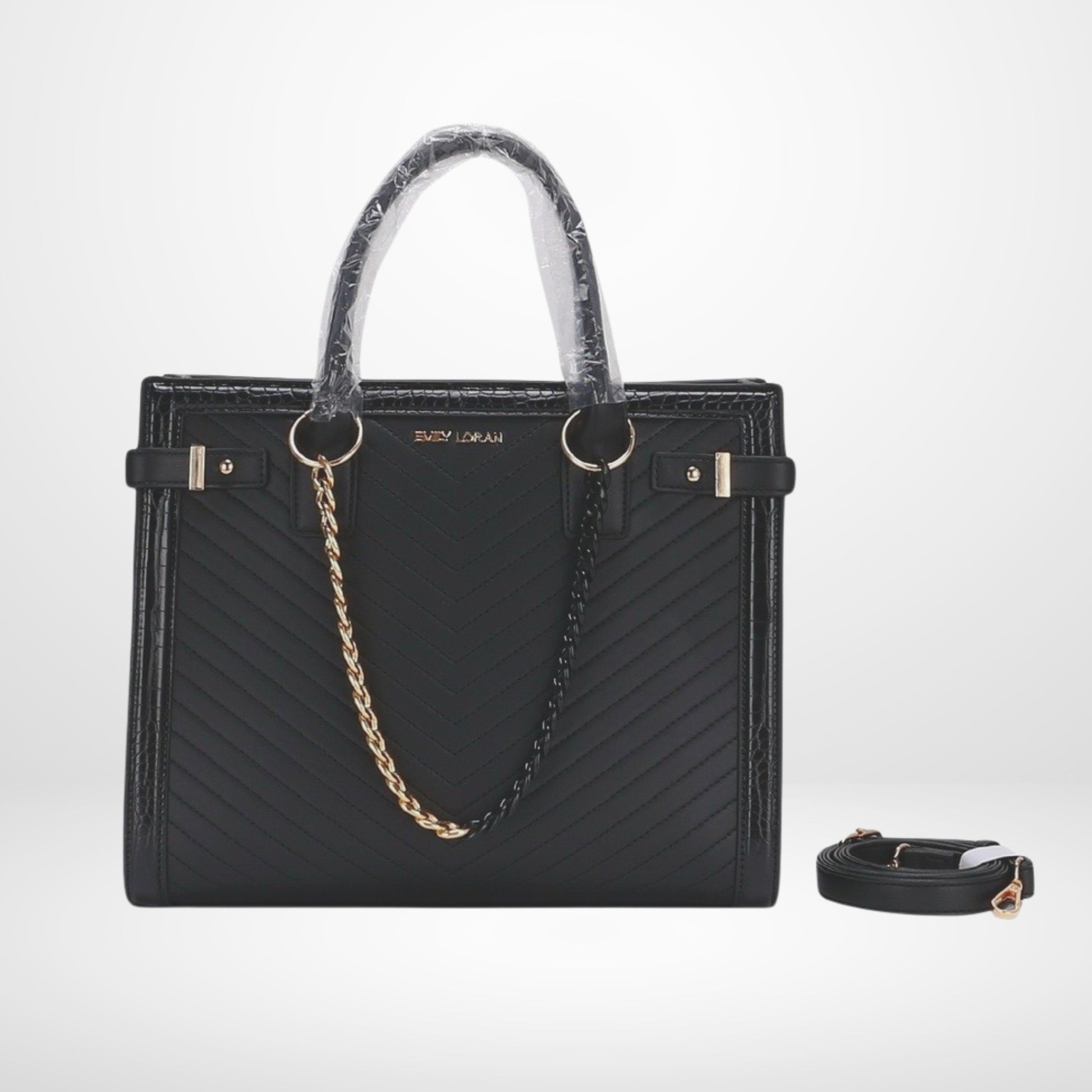 Beaut Loran Black handbag with chevron stitching, gold accents & detachable strap. Stylish, spacious & perfect for everyday fashion in Hong Kong.