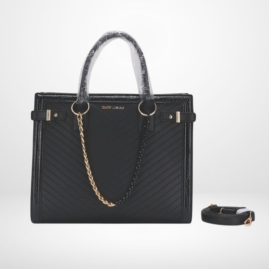 Beaut Loran Black handbag with chevron stitching, gold accents & detachable strap. Stylish, spacious & perfect for everyday fashion in Hong Kong.