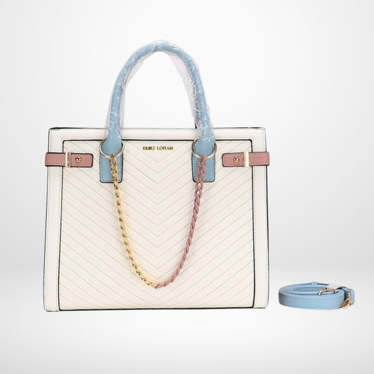 Loran pastel handbag with chevron stitching, gold accents & detachable strap. Stylish, spacious & perfect for everyday fashion in Hong Kong.