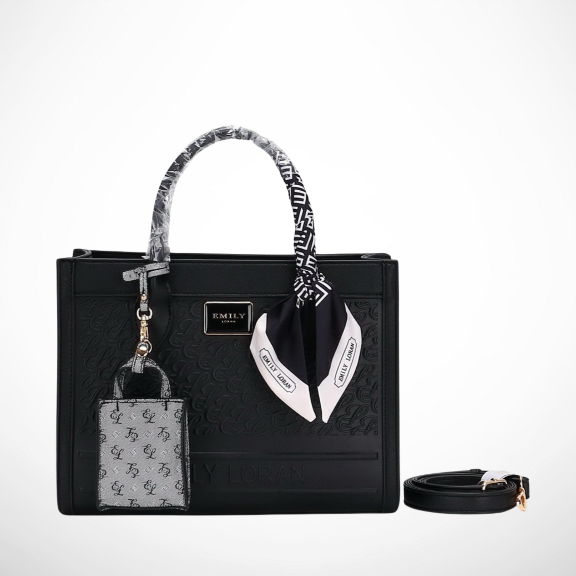 Black handbag with decorative elements and matching pouch on a white background from InStyle Fashion HK