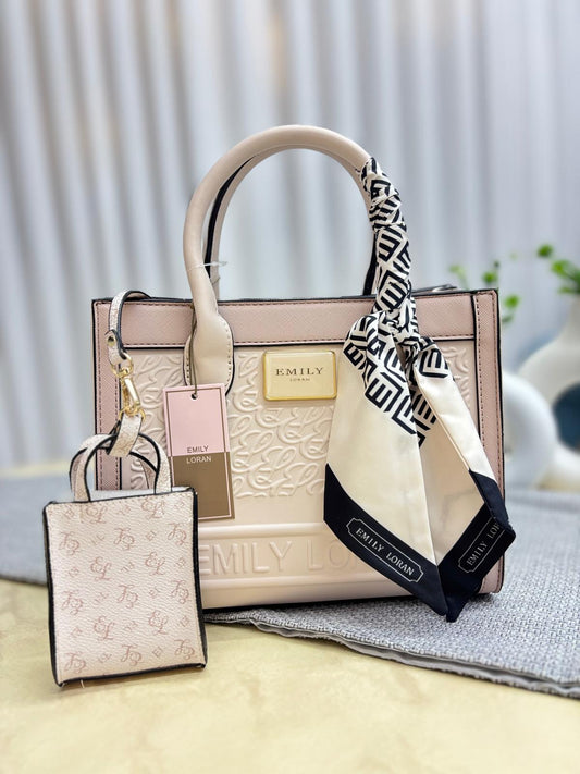 Pink Embossed Satchel Bag with Scarf & Pouch