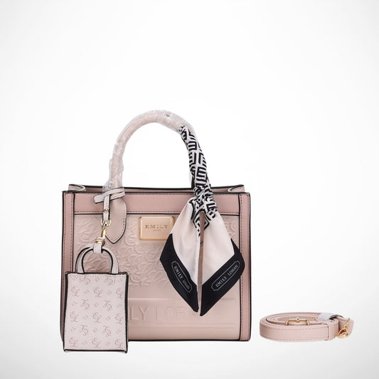 Pink Embossed Satchel Bag with Scarf & Pouch
