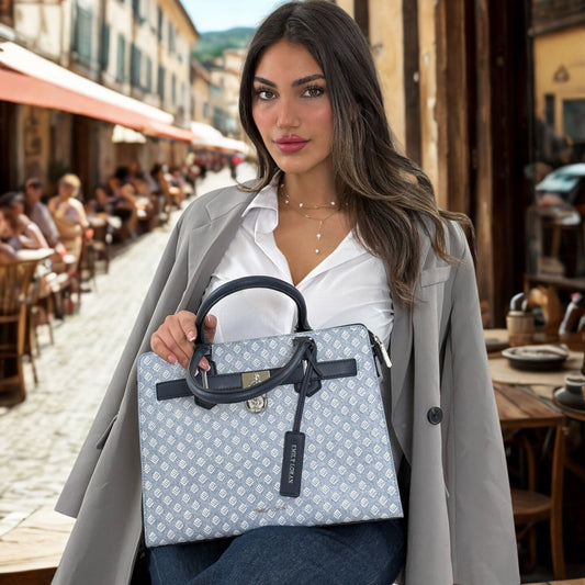 Blue Embossed Satchel with Lock
