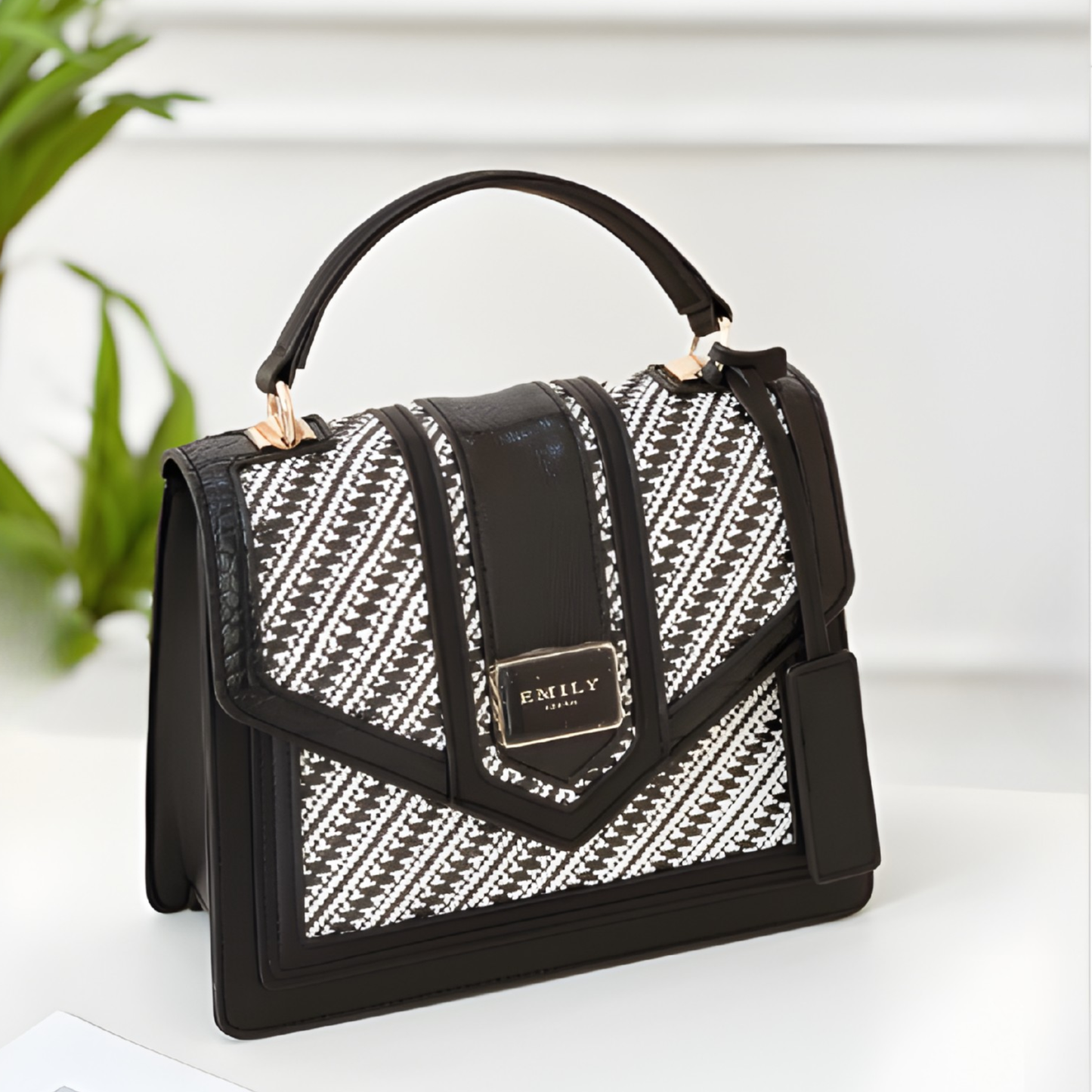 Emily Handbag Satchel with bold geometric design, gold hardware & spacious interior, top handle, magnetic flap, a fashion accessory from InStyle Fashion HK.