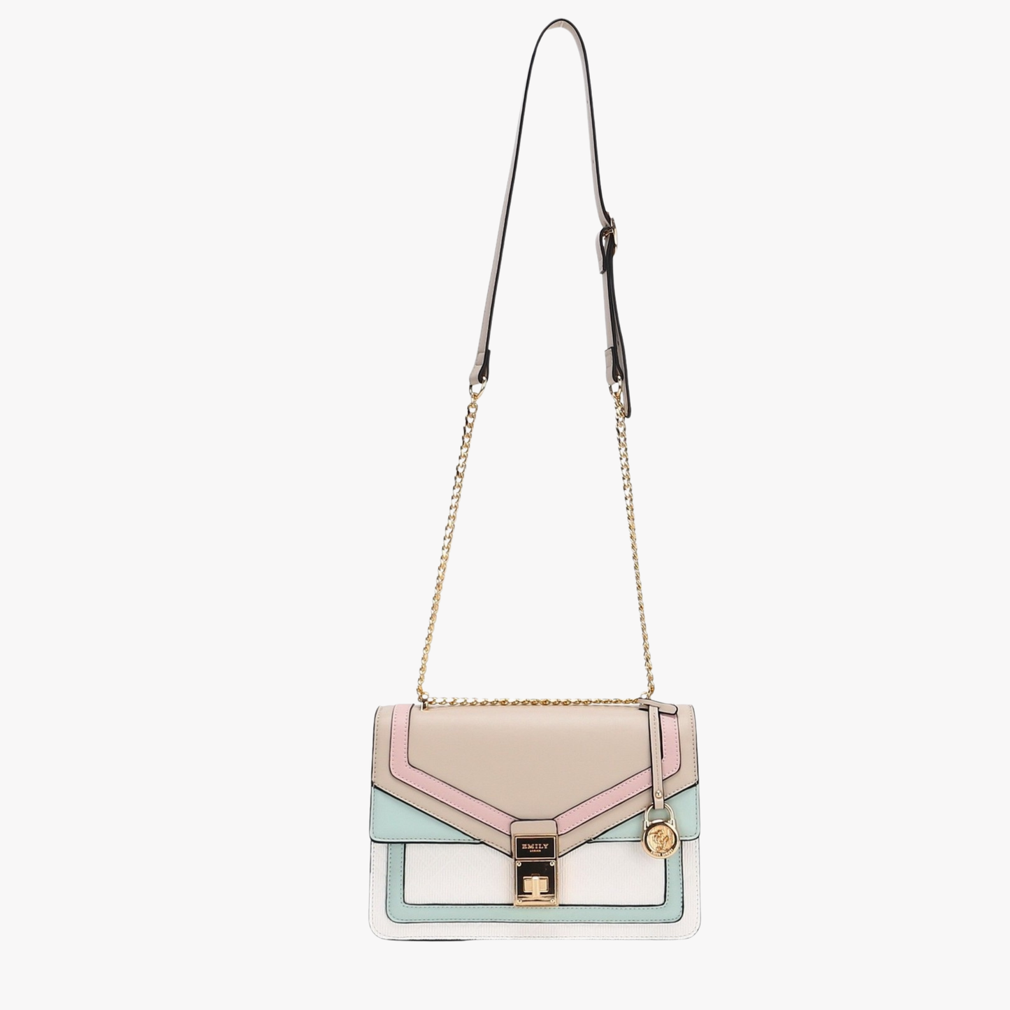 Elegant pastel color-block shoulder bag with gold chain strap. Stylish crossbody purse, perfect for events, gifting & fashion lovers from InStyle Fashion HK.
