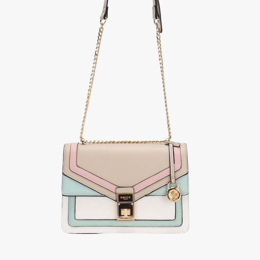 Elegant pastel color-block shoulder bag with gold chain strap. Stylish crossbody purse, perfect for events, gifting & fashion lovers from InStyle Fashion HK.