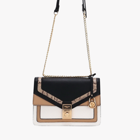 Tan Color-Block Shoulder Bag with Gold Chain Strap