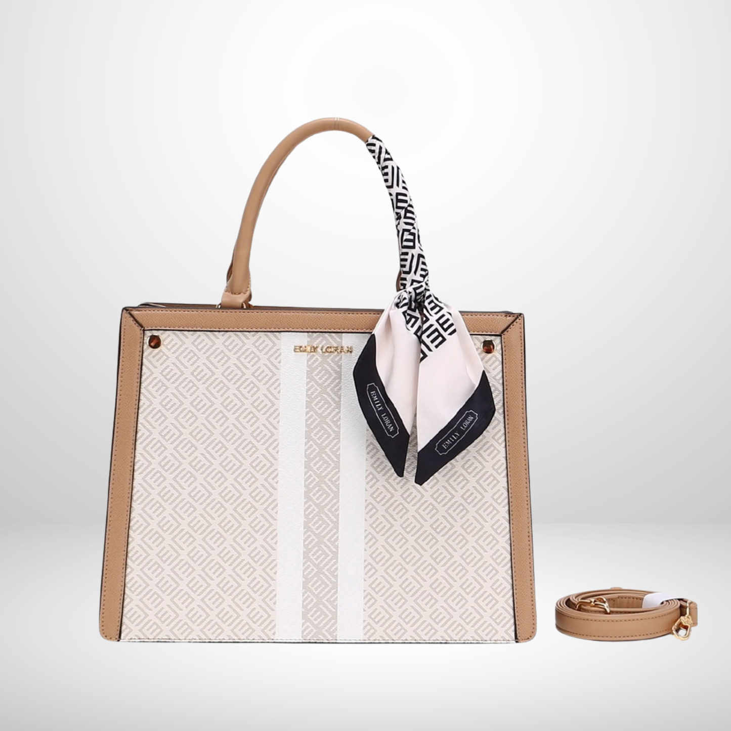 premium beige and tan tote handbag with monogram print, detachable strap, and silk scarf accent