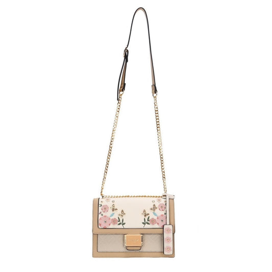 Beige Floral Multi Textured Crossbody Bag with Gold Chain