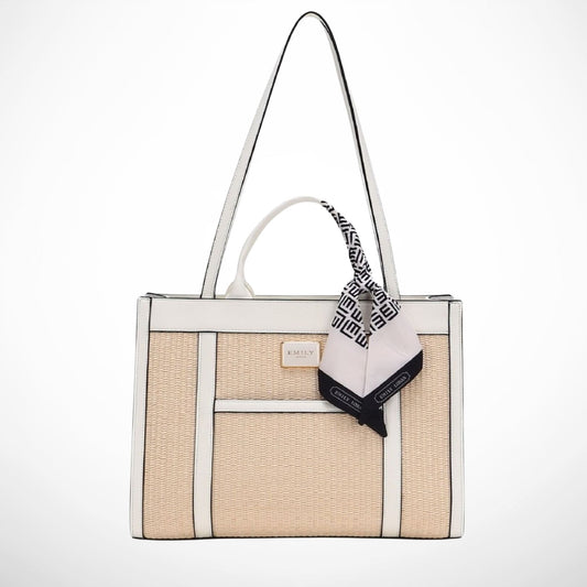 Tote bag with a scarf draped over it on a white background