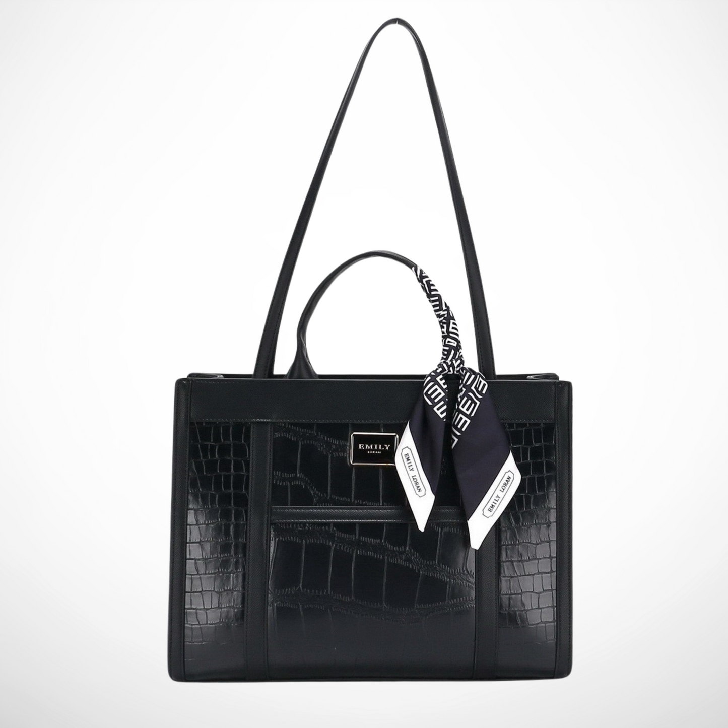 Black textured handbag with a matching scarf and visible brand tag on a white background