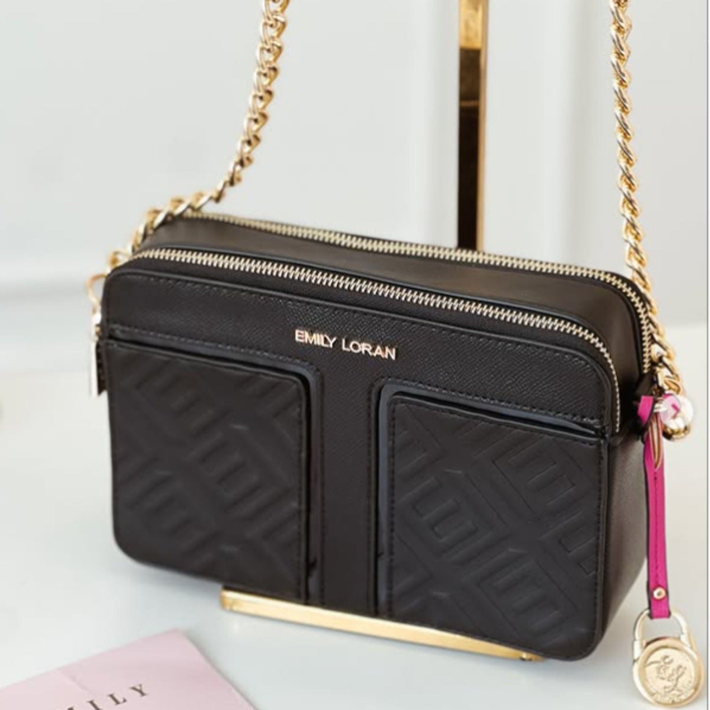 Black Monogram Embossed Camera Crossbody Bag