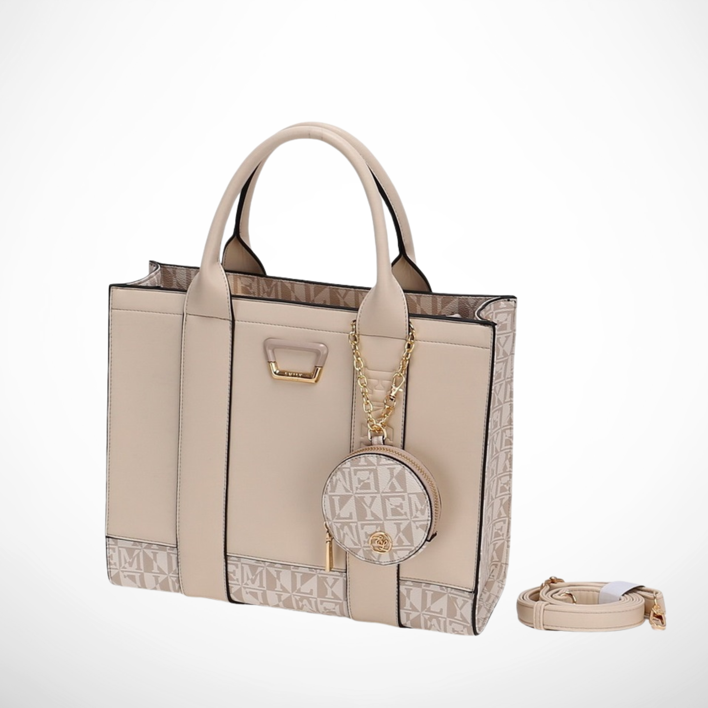 Chic beige tote with monogram gusset, double handles, zipped purse & adjustable strap—style meets function for everyday charm and hands-free ease.